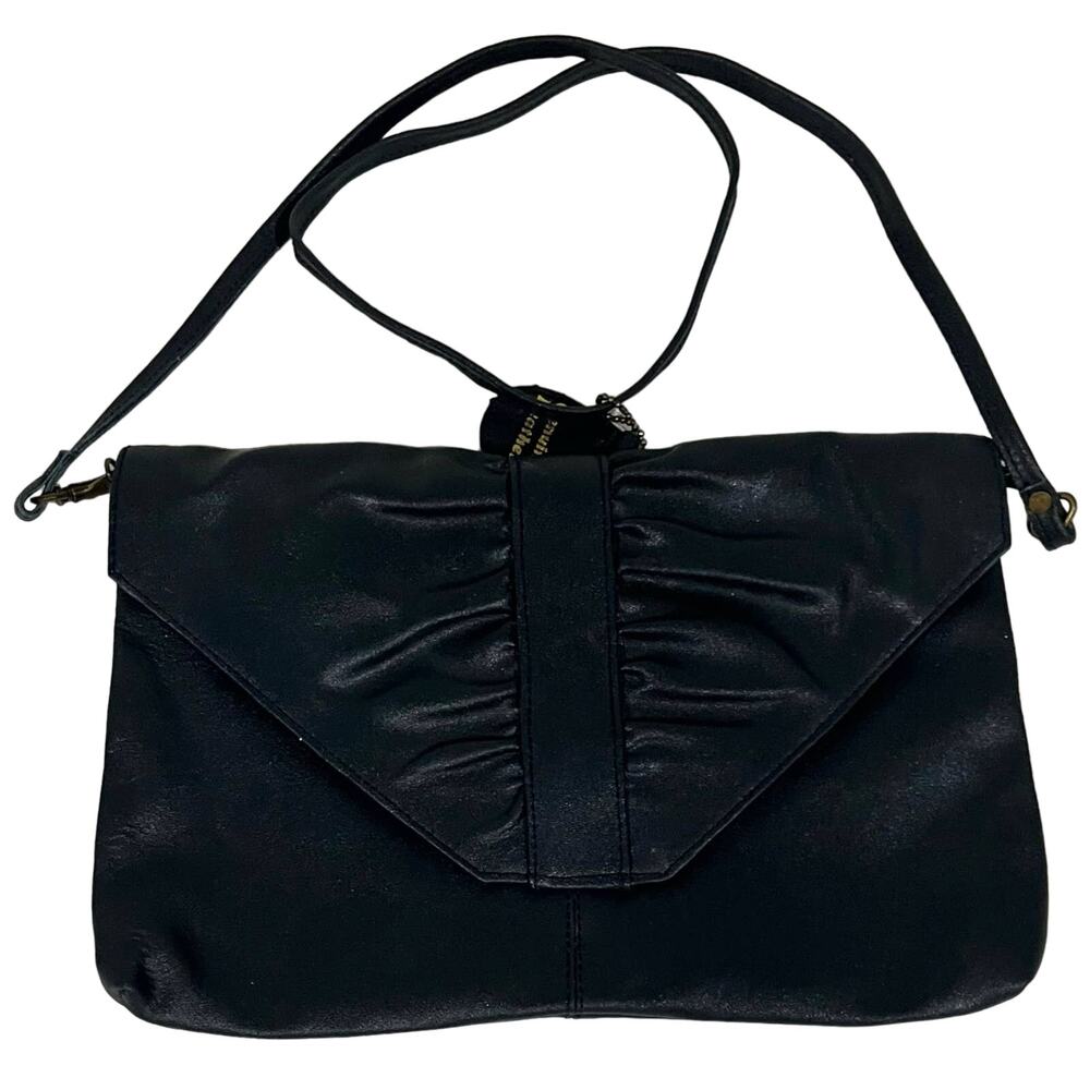 Vintage 90s Leather Purse Black Clutch Shoulder Bag Envelope Snap Ruched Front